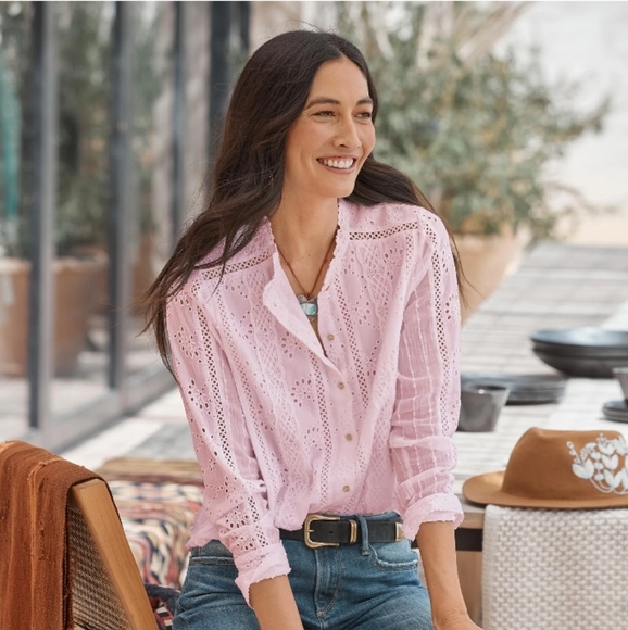 Sundance Baby Pink Marion Eyelet Lace Button Front Cotton Shirt Sz Petite Large - Picture 1 of 11